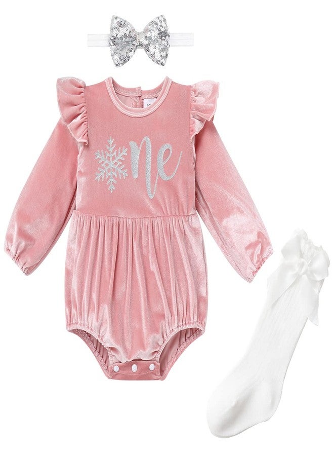 IMEKIS Winter Onederland Birthday Outfit: Snowflake First 1st Birthday Outfit Girl Baby Cake Smash Photoshoot Toddler Velvet Bubble Romper Socks Christmas Party Pink Silver One 12-18 Months - Image 1